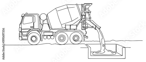 Continuous one line drawing of concrete mixer truck pouring cement into building foundation