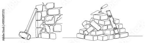 Continuous one line drawing of construction tools with brick wall and trowel for masonry work