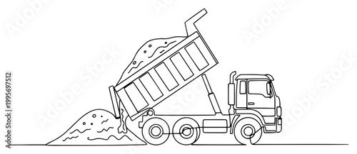 Single line art of a heavy duty dump truck unloading sand on a construction site