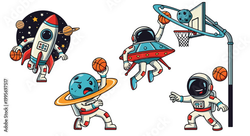Cartoon astronauts and celestial objects playing basketball on white background