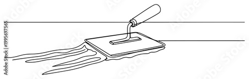 Continuous one line drawing of a professional trowel applying plaster on a wall surface