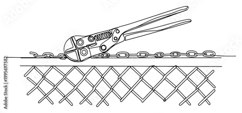 Single line drawing of manual bolt cutters cutting a metal chain over a wire fence