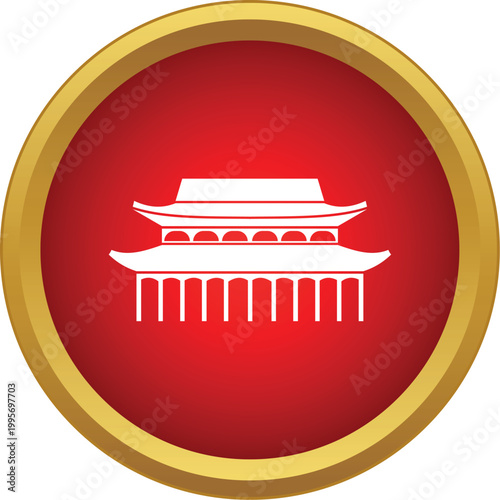 Traditional asian building outline on a red circle with a golden border