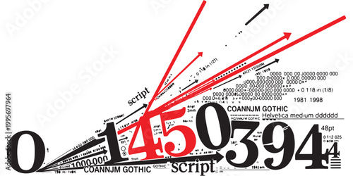 Abstract typography design with numbers and arrows in black and red colors