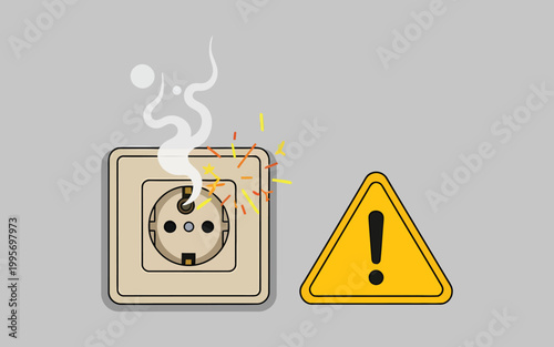 Smoking electrical outlet with warning hazard sign.