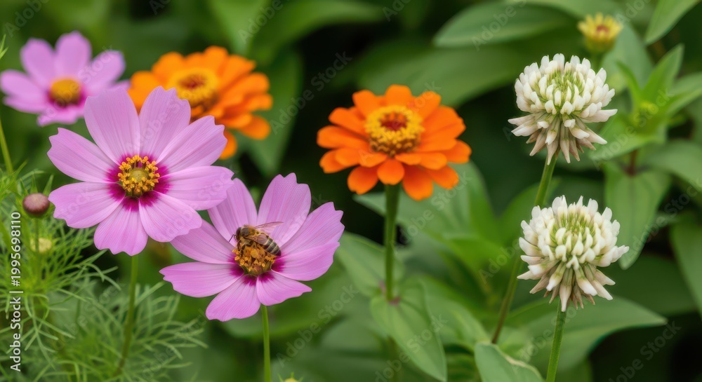 Fototapeta premium Colorful cosmos and zinnia flowers blooming in a green garden