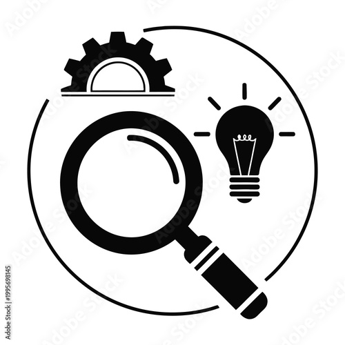 Magnifying glass with gear and light bulb icons