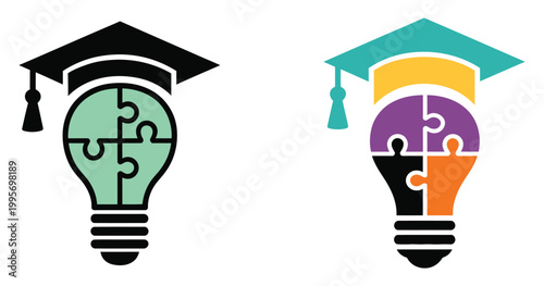 Graduation Cap and Puzzle Piece Light Bulb Vector Illustration, education innovation concept symbolizing learning problem solving creativity idea generation academic success and knowledge growth 
