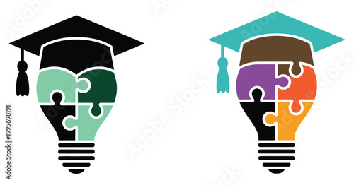 Graduation Cap and Puzzle Piece Light Bulb Vector Illustration, education innovation concept symbolizing learning problem solving creativity idea generation academic success
