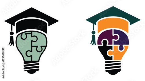 Graduation Cap and Puzzle Piece Light Bulb Vector Illustration, academic achievement and creative thinking concept representing education growth innovation problem solving skills and intellectual 
