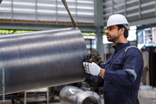 Factory workers use a crane to lift large metal pipes in the factory, demonstrating the use of heavy machinery, safety, and precision in manufacturing.