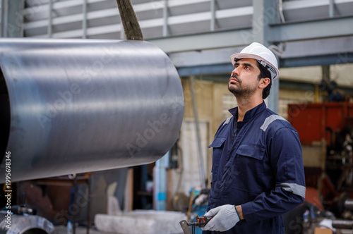 Factory workers use a crane to lift large metal pipes in the factory, demonstrating the use of heavy machinery, safety, and precision in manufacturing.