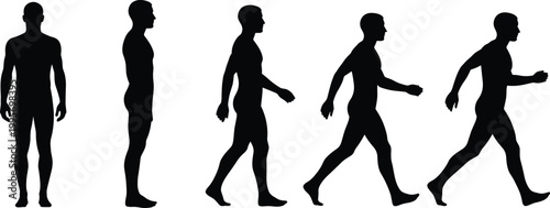 Foto Human body silhouette sequence from standing to walking and running poses isolat
