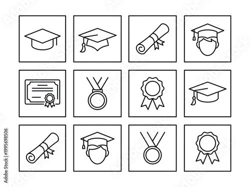 Educational graduation and achievement icons line art education graduation achievement certificate mortarboard illustration collection learning university academic knowledge recognition