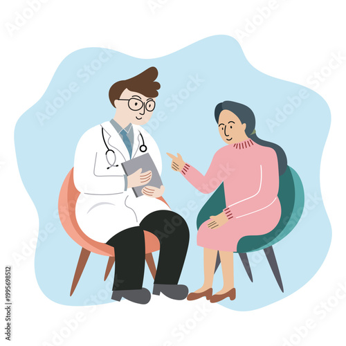 A flat vector illustration of a doctor consulting with a female patient in a friendly and professional setting. 