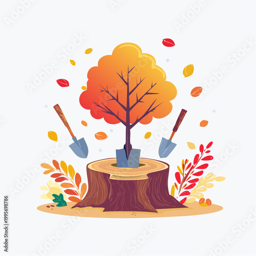 Tree Planting Illustration with Autumn Leaves and Shovels