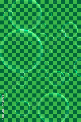 Realistic Water Bubbles on Transparent Green Background. Vector Glossy Soap or Soda Bubbles for Fresh Nature and Lime Concept. Vector Illustration