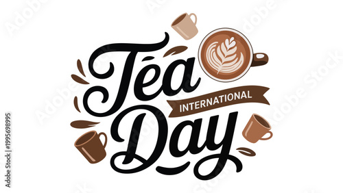 International Tea Day hand lettering typography with teacup teapot coffee cup elements decorative illustration for cafe menu poster banner social media design template