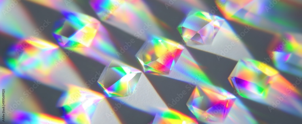Naklejka premium Bright rays of sunlight creating a prism effect on a light backdrop with crystal shine.