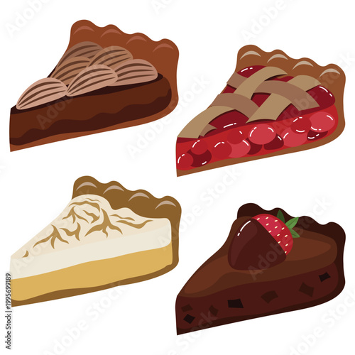 A collection of homemade pecan, creamy lemon meringue, chocolate fudge cake copped with a chocolate-dipped strawberry, and cherry pie isolated on white background. This design is for cafe menu, receip