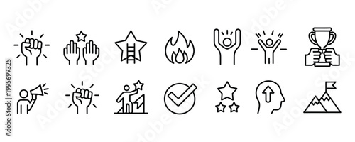 Quadro su tela Collection of green line icons representing success achievement and motivation