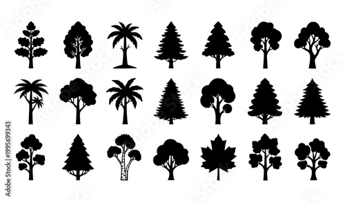 Tree silhouette vector set with diverse forest and tropical tree shapes isolated on white background