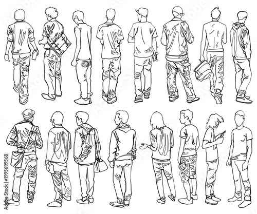 business people set. collection of minimalist line art sketches focusing on the back and side profiles of young men, capturing urban street style, casual stances, and the essence of modern youth cultu