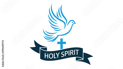 Holy Spirit dove with cross Christian religious symbol minimalist logo design with ribbon banner elegant faith spirituality church emblem vector illustration