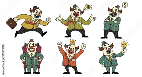 Cartoon business clowns with briefcases and currency symbols
