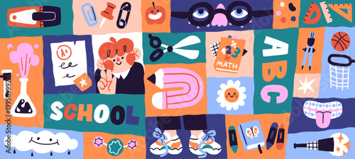 Back to school banner with stationery and educational elements. Background with subjects and classes. Primary knowledge concept. ABC, marks, pencils and pens for learning. Flat vector illustration