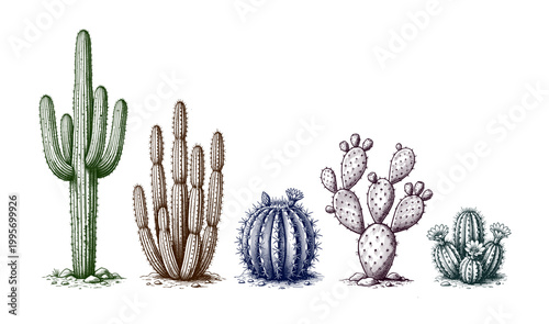 Desert Cactus Variety Row with Different Shapes and Colors. Hand drawn vintage engraved, vector illustration.