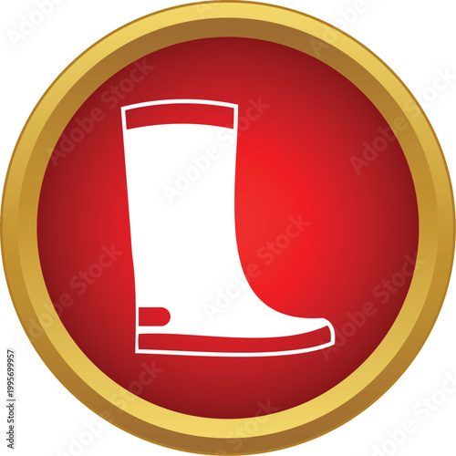 White outline of a rain boot staying inside a vivid red circle with a golden border
