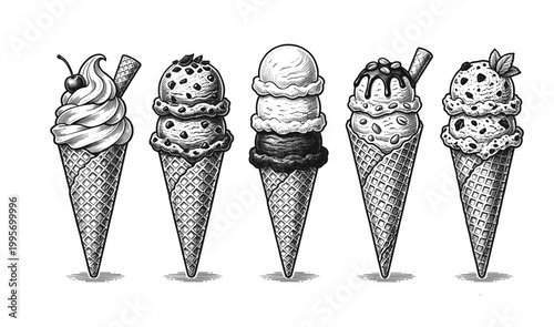 Ice Cream Cones Quartet with Mixed Flavors. Hand drawn vintage engraved, vector illustration.