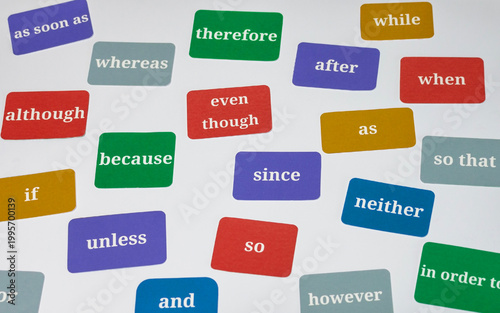 English word cards on white background