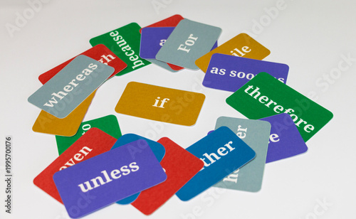 English word cards on white background