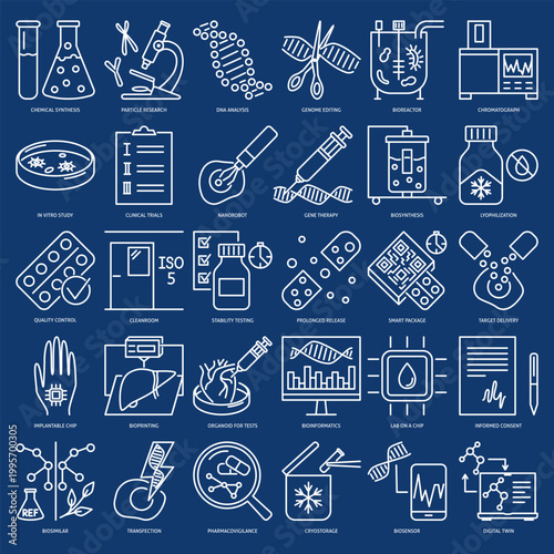Medicine and bio technologies line icon set