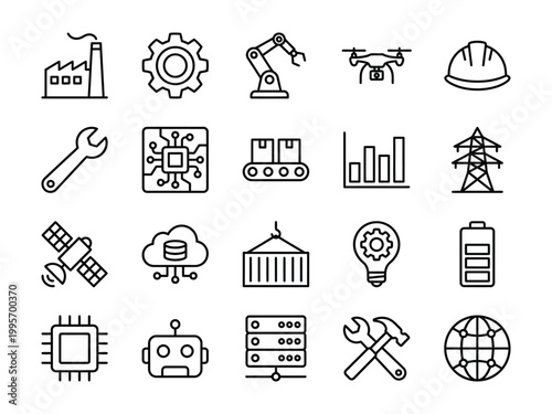 Industrial and technology icons featuring factory robot arm drone industry industrial technology automation aircraft autopilot cogwheel microchip computer hardware container shipping