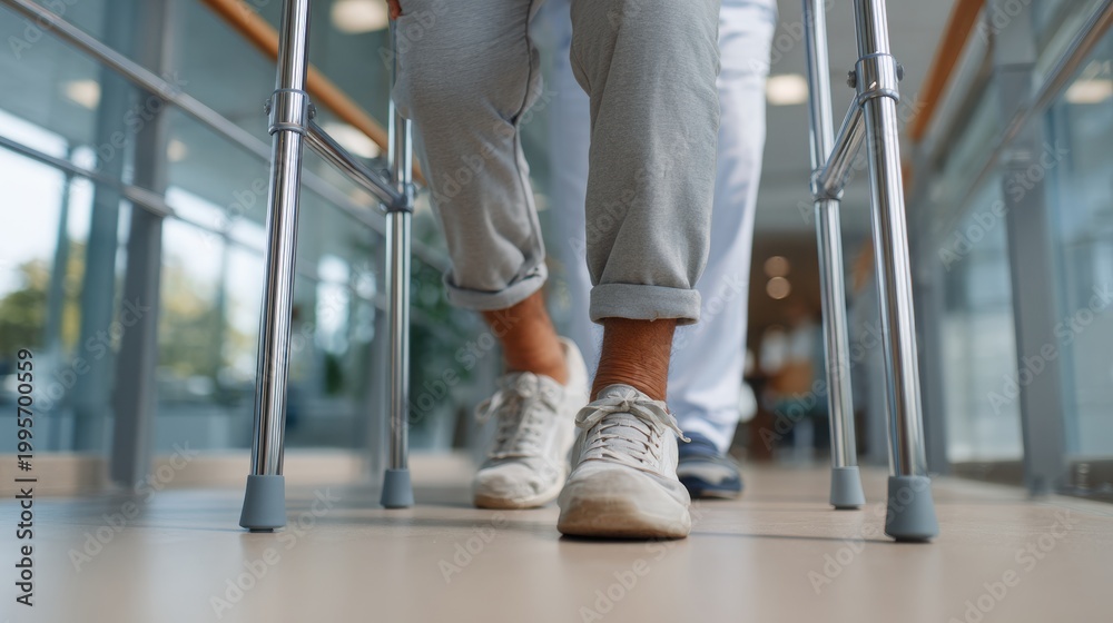 Fototapeta premium Elderly person using walker for support while walking down a hospital corridor, healthcare professional visible in the background assisting with mobility