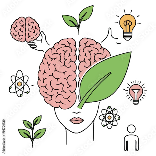 Conceptual depiction of human intellect and growth featuring intricate brain elements sprouting vegetation glowing lightbulbs symbolizing ideas and innovation and atomic structures representing