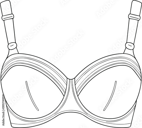 Bra line drawing, lingerie fashion sketch, underwear technical illustration, garment design outline, intimate apparel contour, clothing structure artwork, fashion design