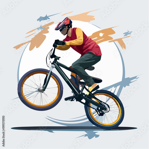 Man performing a mountain bike wheelie stunt vector illustration