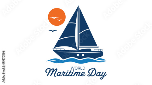World maritime day illustration with sailboat ship ocean waves and sunset icon, global shipping and marine transport celebration nautical themed vector design
