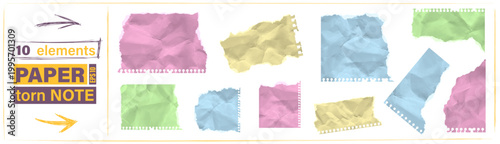Torn ripped notebook colorful papers teture with cut sheets collage piece. Realistic blank tear edge effect blue green pink crumpled cardboard. Vector scraps set, yellow arrow pen underline scribble.