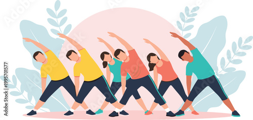 Diverse group fitness class performing yoga side stretches vector illustration for wellness and healthy lifestyle design