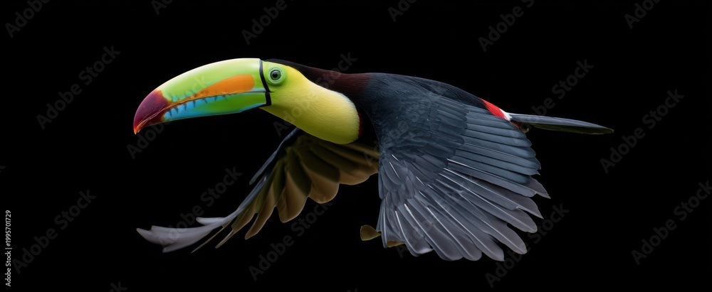 Fototapeta premium Isolated Keel-billed Toucan gracefully soars showcasing its dazzling multicolored beak and vivid plumage.