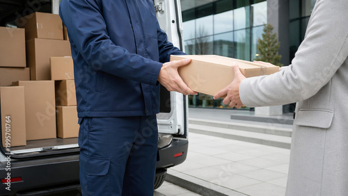 Delivery worker hands a cardboard parcel to a customer beside an open cargo van outside a modern office building.