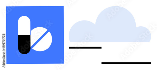 Telemedicine, cloud computing, digital healthcare, pharmaceutical access, online pharmacy, medical applications. Pill and cloud graphics with a modern, clean design. Telemedicine and cloud computing