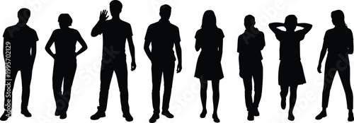 Human silhouette poses collection, standing figures illustration, diverse stances design, casual gestures art, posture study graphic, black outline people set