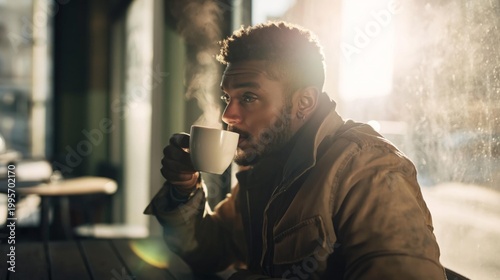 Man Drinking Coffee Sunlight Morning Cafe Vibe
