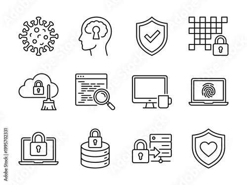 Cybersecurity and digital security icons with virus shield lock security cybersecurity protection confidential database computer fingerprint identification password magnifying encrypted
